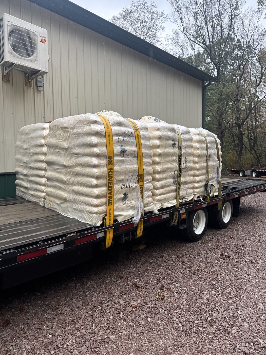 Pallet of bagged heating pellets on a trailer
