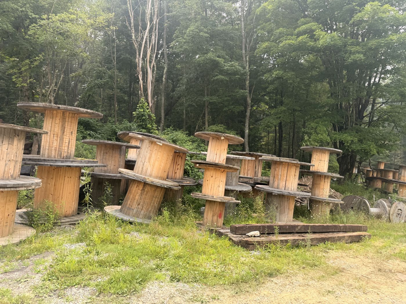 Wooden cable spools in the yard